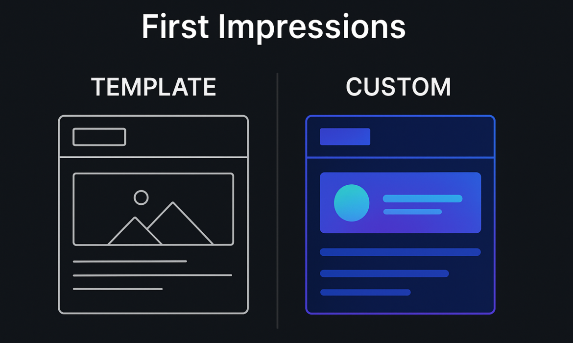 Comparison of a generic website template and a sleek custom web design, showing the difference in first impressions.