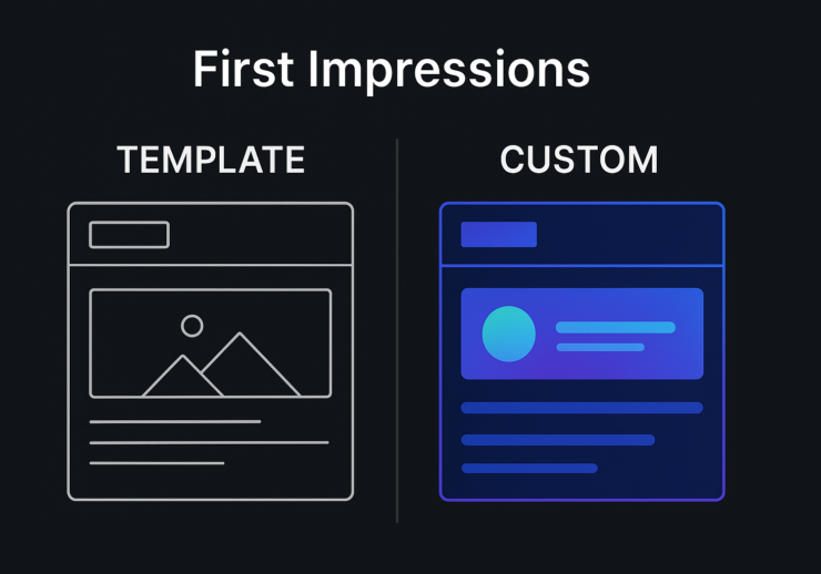 Comparison of a generic website template and a sleek custom web design, showing the difference in first impressions.