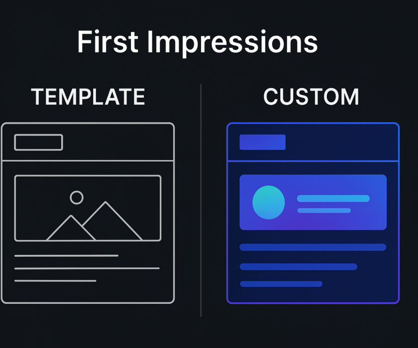 Comparison of a generic website template and a sleek custom web design, showing the difference in first impressions.