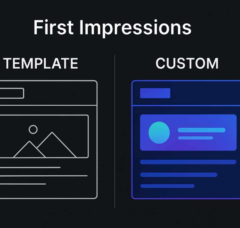 Comparison of a generic website template and a sleek custom web design, showing the difference in first impressions.