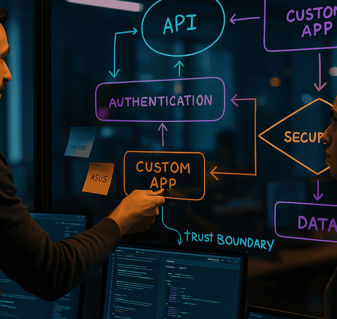 Security by design for custom apps: realistic office scene with developers reviewing API diagrams on glass and code on monitors; layered SSDF/OWASP ASVS architecture.