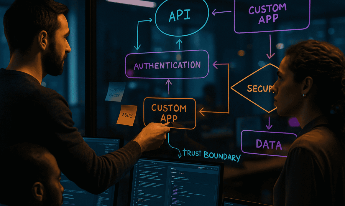 Security by design for custom apps: realistic office scene with developers reviewing API diagrams on glass and code on monitors; layered SSDF/OWASP ASVS architecture.