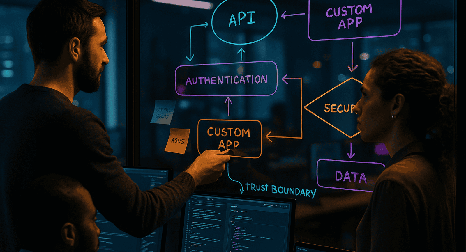 Security by design for custom apps: realistic office scene with developers reviewing API diagrams on glass and code on monitors; layered SSDF/OWASP ASVS architecture.