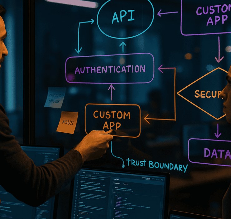 Security by design for custom apps: realistic office scene with developers reviewing API diagrams on glass and code on monitors; layered SSDF/OWASP ASVS architecture.