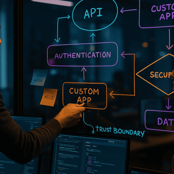 Security by design for custom apps: realistic office scene with developers reviewing API diagrams on glass and code on monitors; layered SSDF/OWASP ASVS architecture.