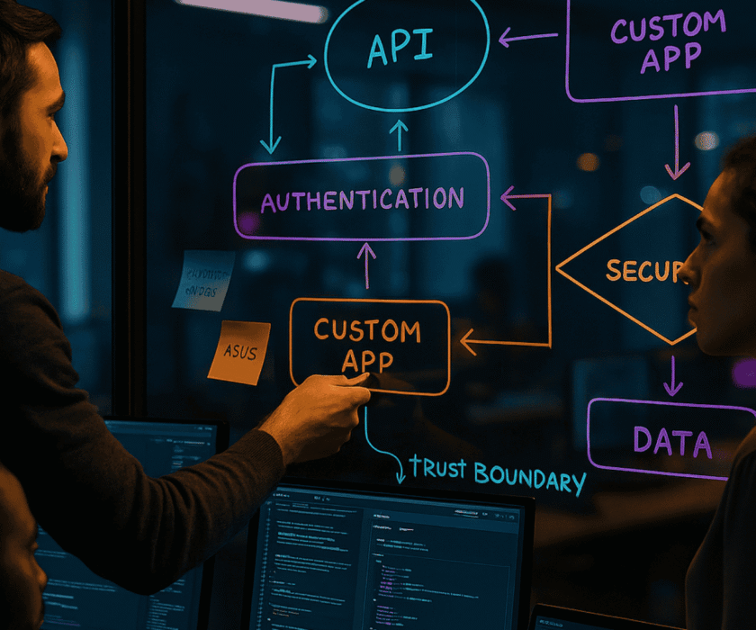 Security by design for custom apps: realistic office scene with developers reviewing API diagrams on glass and code on monitors; layered SSDF/OWASP ASVS architecture.